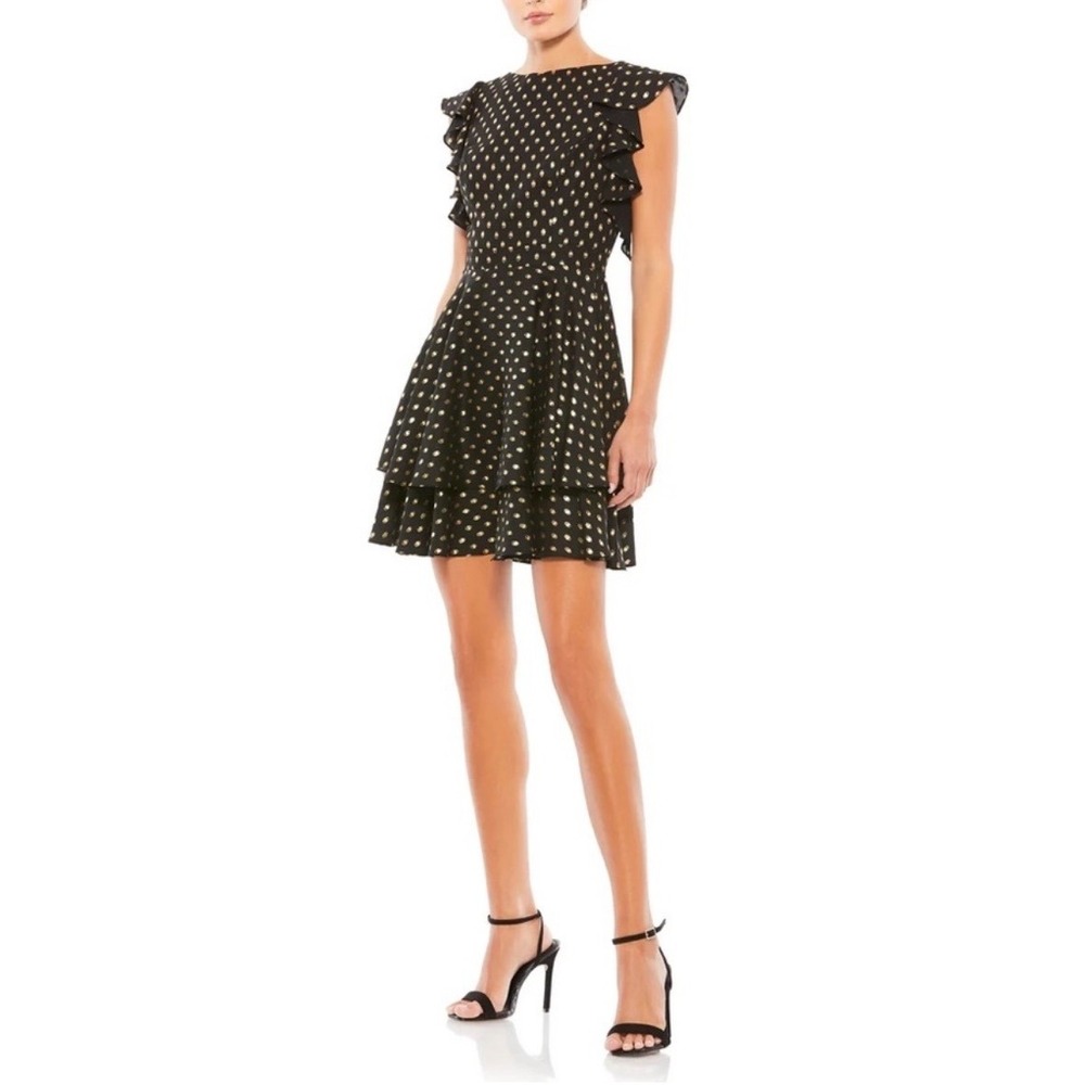 Ieena For Mac Duggal 49130 Black Gold Metallic Polka Dot Ruffle Dress Size 0 NWT